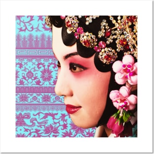 Chinese Opera Star Blue with Blush Pink Traditional Floral Pattern- Hong Kong Retro Posters and Art